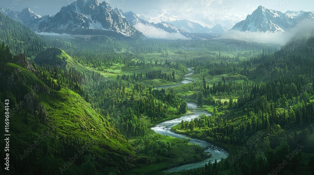 Naklejka premium Serene Mountain Landscape with Lush Greenery and Flowing River