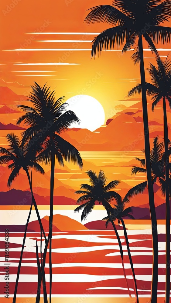 Obraz premium Stunning sunset view with vibrant hues, palm trees swaying in gentle breeze, peaceful waters reflecting mountains, ideal for capturing essence of adventure, relaxation, and travel.