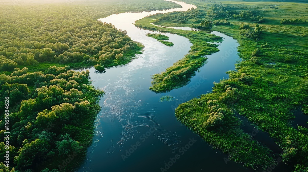 Serene Aerial View of River Flowing Through Lush Green Landscape Serene Aerial View of River Flowing Through Lush Green Landscape