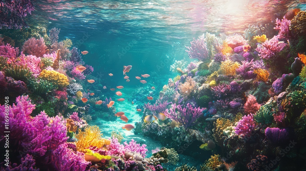 Naklejka premium Vibrant Coral Reef with Colorful Fish in Crystal Clear Waters