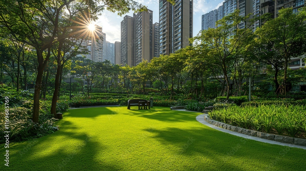 Serene Urban Park with Lush Greenery and Skyscrapers at Sunrise Serene Urban Park with Lush Greenery and Skyscrapers at Sunrise