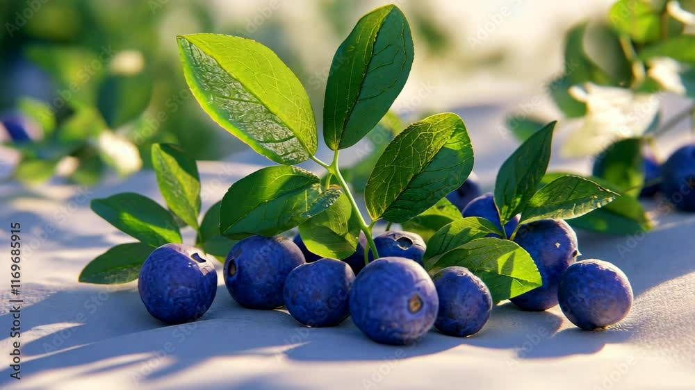 Fresh blueberries and green leaves arranged on a light surface in natural sunlight during a warm afternoon Fresh blueberries and green leaves arranged on a light surface in natural sunlight during a warm afternoon