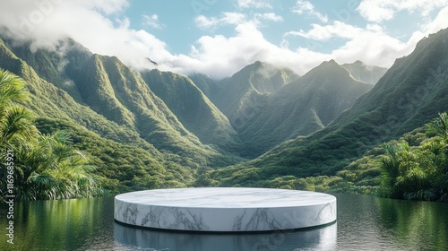 3D scene featuring a marble podium set in a natural mountain landscape, surrounded by lush green forests and rolling hills. photo