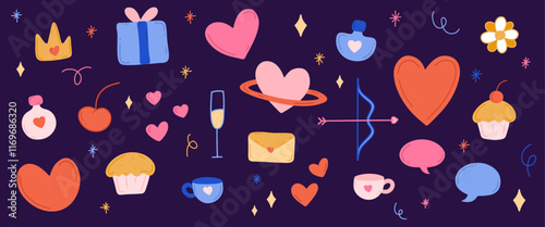 Conjunto de decoraciones del Día de San Valentín y Día del amor y la amistad. Doodles de corazones, pociones, muffins, dulces, cartas de amor y estrellas vectoriales dibujadas a mano