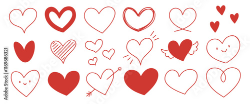 Conjunto de corazones dibujados a mano grunge color rojo. Doodles de amor para el Día de San Valentín y Día del amor y la amistad. Íconos de corazones para notas