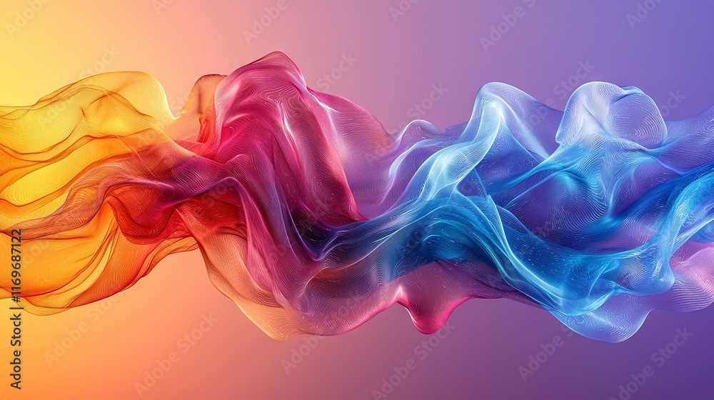 Fototapeta premium A vivid scene featuring a multicolored wave of smoke against a backdrop of purple, yellow, pink, and blue, with the wave of smoke appearing in shades of red, orange,