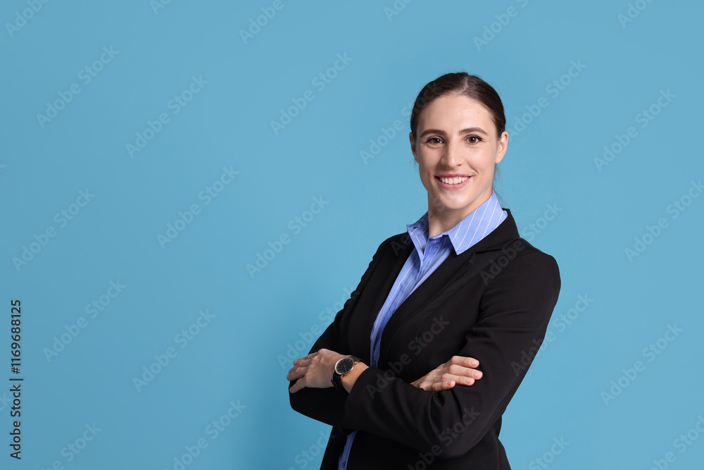 Portrait of banker on light blue background, space for text Portrait of banker on light blue background, space for text