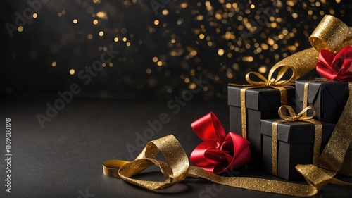 Composición festiva con caja de regalo negra envuelta con lazo dorado y caja de regalo roja con lazo rojo, rodeadas de luces bokeh doradas y confeti sobre fondo oscuro, ideal para celebraciones elegan