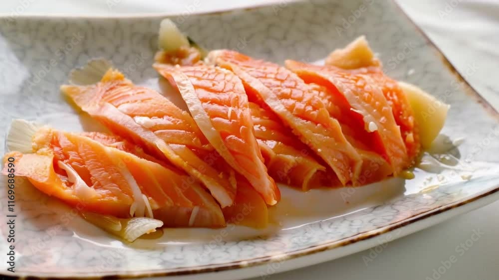Fresh salmon sashimi presented with intricate cuts and vibrant orange color, displayed elegantly on a serving plate. Fresh salmon sashimi presented with intricate cuts and vibrant orange color, displayed elegantly on a serving plate.