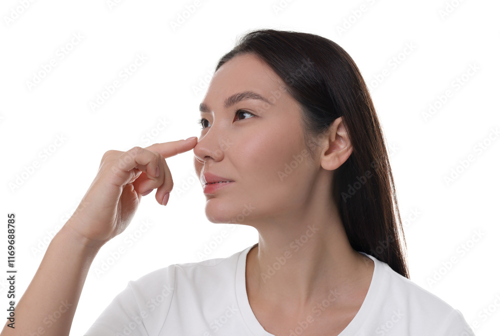 Young woman touching her nose on white background Young woman touching her nose on white background