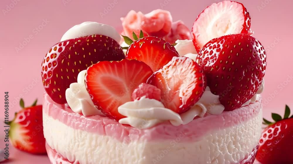 Heart-shaped strawberry cake with whipped cream on pink background for valentine's day celebration concept