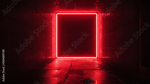 Mysterious red neon square illuminates a dimly lit corridor in an underground space. Generative AI
