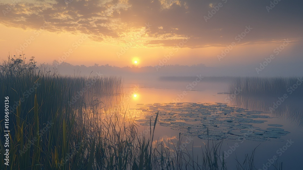 Serene Sunrise Over Calm Water with Reeds and Lily Pads Serene Sunrise Over Calm Water with Reeds and Lily Pads
