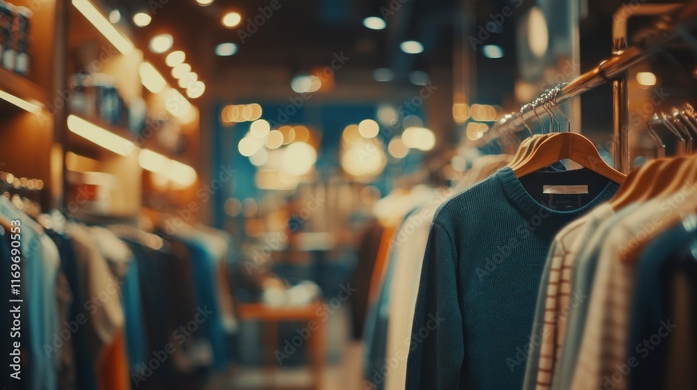 Obraz premium Clothing store interior with clothes on display racks at night.
