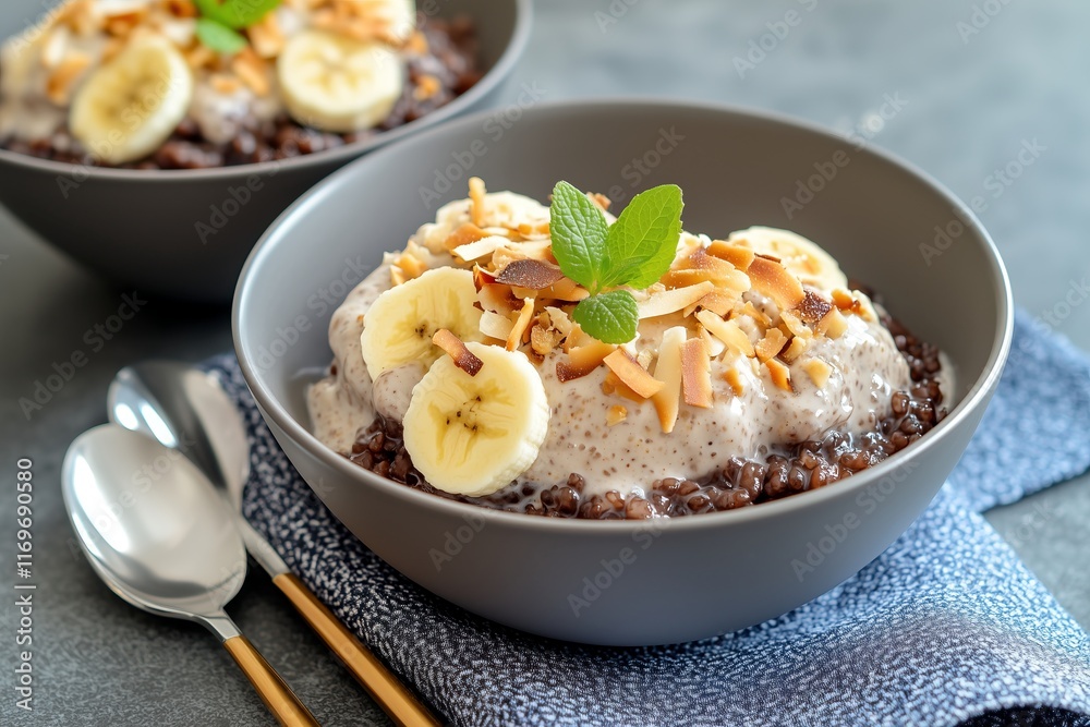 Coconut Black Rice Pudding with Caramelized Banana and Toasted Coconut Flakes Coconut Black Rice Pudding with Caramelized Banana and Toasted Coconut Flakes