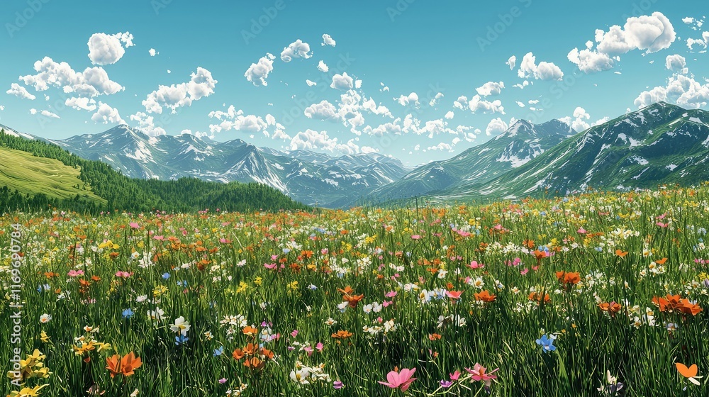 Vibrant Wildflower Meadow Under Blue Sky in Mountain Landscape Vibrant Wildflower Meadow Under Blue Sky in Mountain Landscape