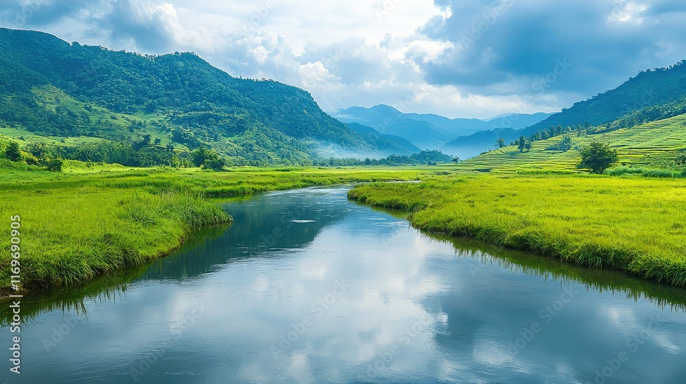 Fototapeta premium Serene Landscape of Green Hills with Calm River Under Cloudy Sky
