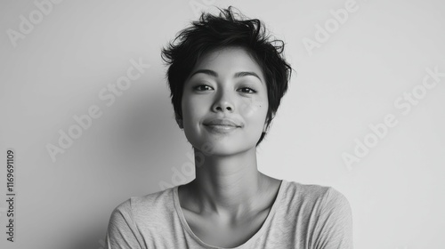 Young Asian woman in her 20s, short hair, wearing a casual t shirt, smiling softly, neutral background