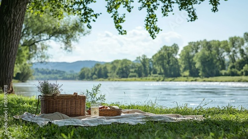 Serene Picnic by the Riverside with Fresh Food and Nature Views