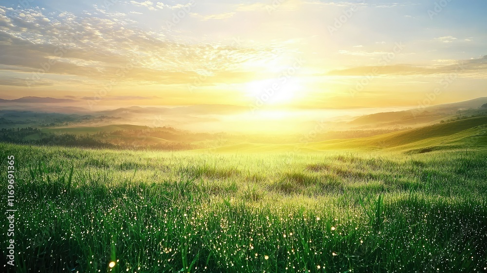 Serene Sunrise Over Lush Green Fields and Rolling Hills Serene Sunrise Over Lush Green Fields and Rolling Hills