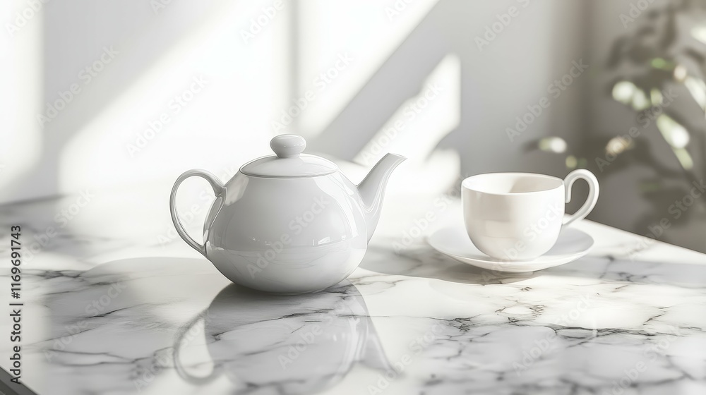 White ceramic teapot and matching cup on a marble countertop, clean lines, elegant modern design, soft morning light, minimalistic aesthetic White ceramic teapot and matching cup on a marble countertop, clean lines, elegant modern design, soft morning light, minimalistic aesthetic