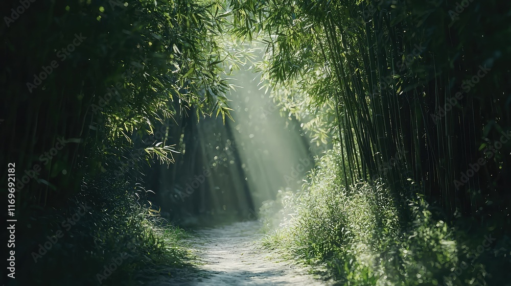 Obraz premium Serene Bamboo Forest Pathway with Sunlight Filtering Through Leaves