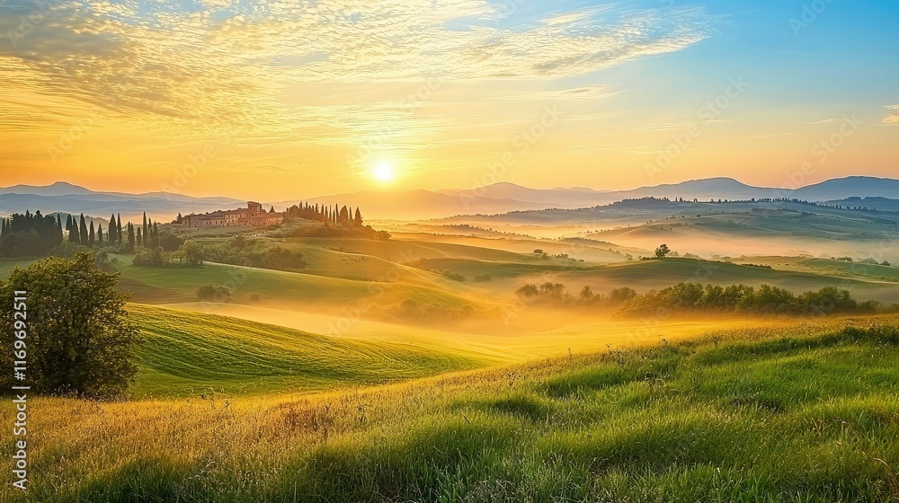 Fototapeta premium Serene Sunrise Over Rolling Hills and Misty Landscape in Tuscany