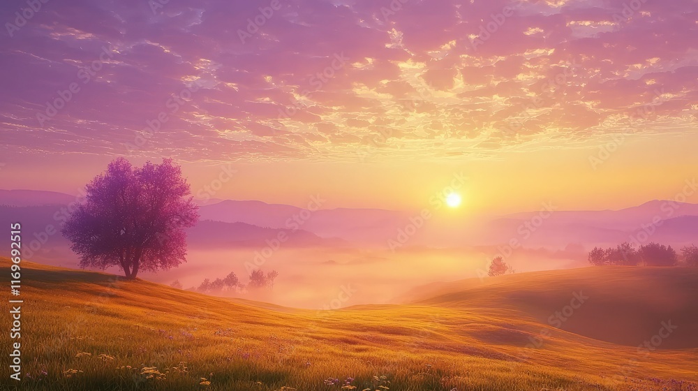 Beautiful Sunrise Over Misty Landscape with Tree in the Foreground Beautiful Sunrise Over Misty Landscape with Tree in the Foreground