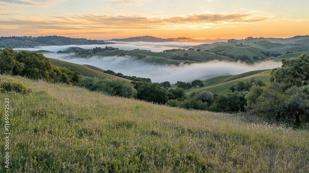 Serene Sunrise Over Rolling Hills and Foggy Valley Landscape Serene Sunrise Over Rolling Hills and Foggy Valley Landscape