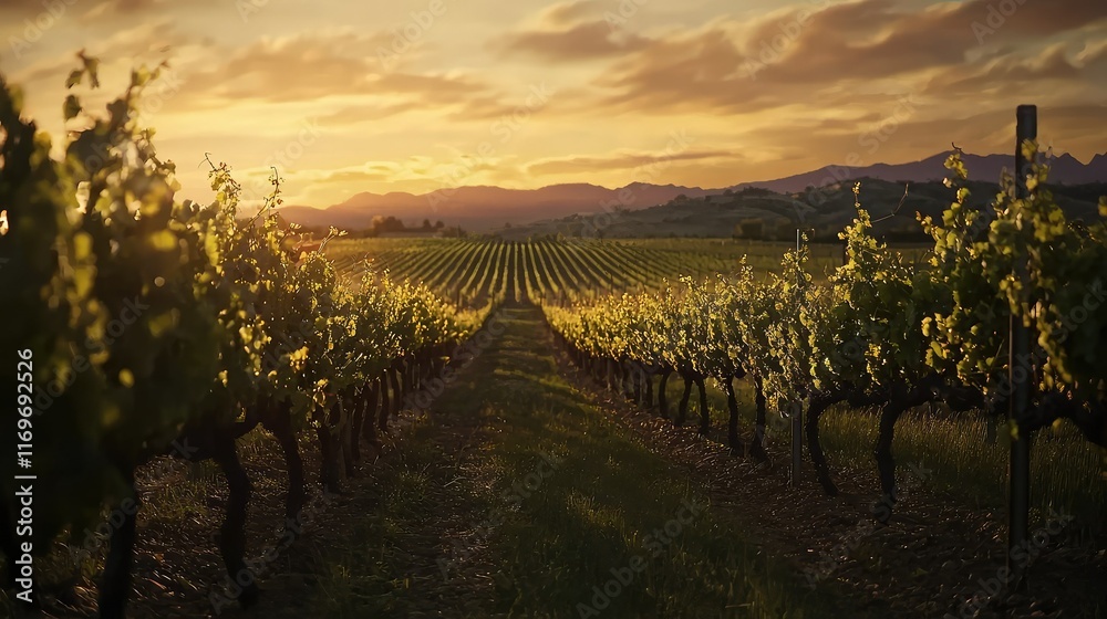 Naklejka premium Sunlit Vineyard Landscape with Lush Green Grapevines at Dusk