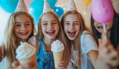 funny children group kidding with ice cream on party photo