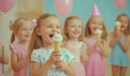 funny children group kidding with ice cream on party