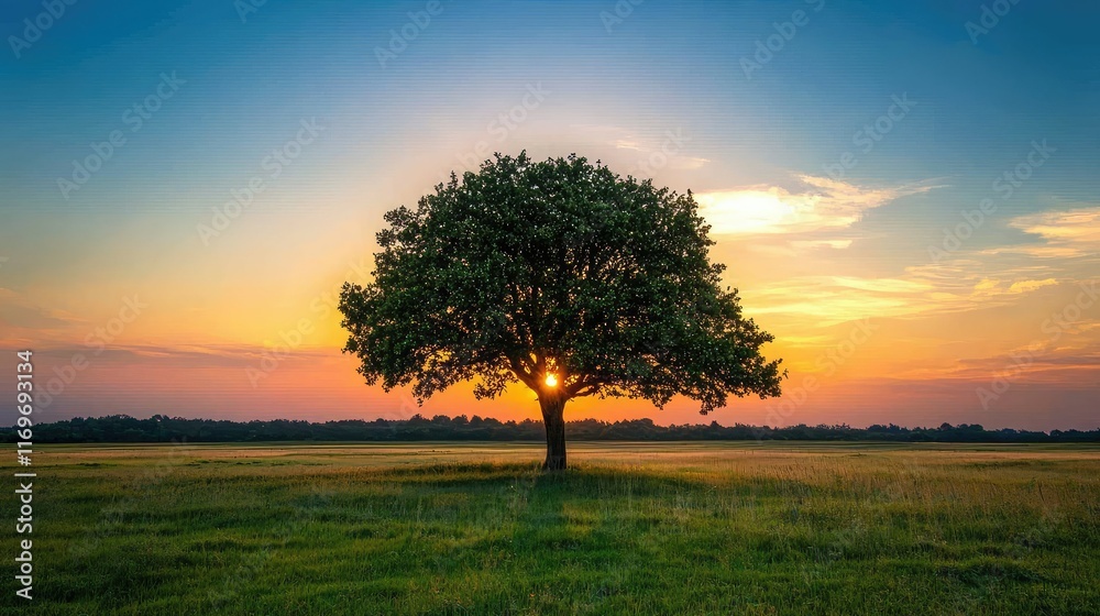 Obraz premium Serene Sunset Over a Lone Tree in an Open Meadow Landscape