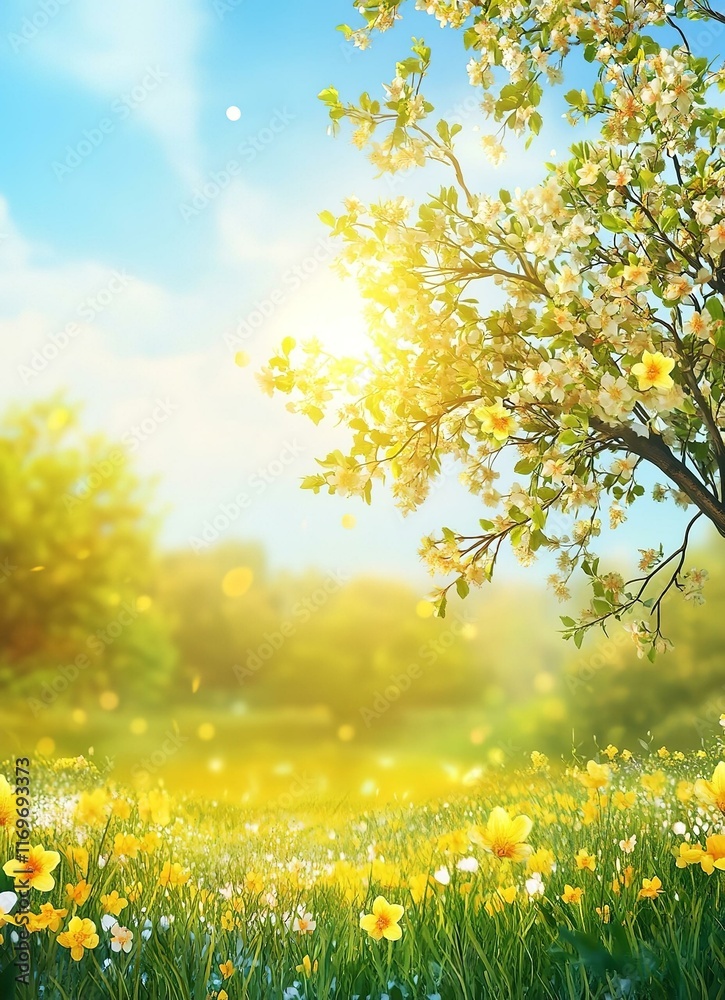 Spring Nature Easter art background with blossom. Beautiful nature scene with blooming flowers tree and sun. Vertical art Spring flowers. Beautiful Orchard. Abstract blurred background. Spring Nature Easter art background with blossom. Beautiful nature scene with blooming flowers tree and sun. Vertical art Spring flowers. Beautiful Orchard. Abstract blurred background.
