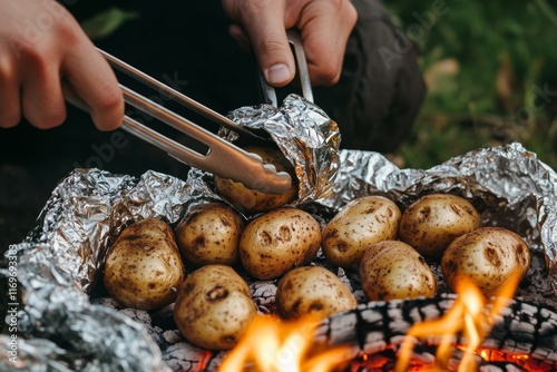 Baked potatoes wrapped in aluminum foil roasting by a bonfire. A fork is used to place the potatoes on the fire. Enjoying outdoor camping and dining. A summer barbecue party featuring a bonfire