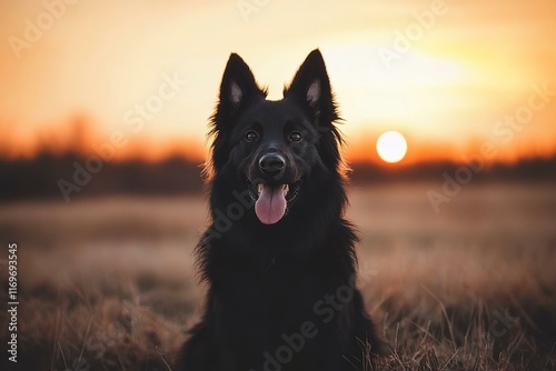 Portrait of black mutt dog during sunset on meadow