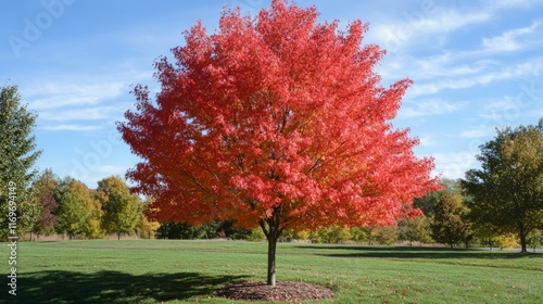 Vibrant Red Maple Tree in Autumn Landscape with Clear Blue Sky