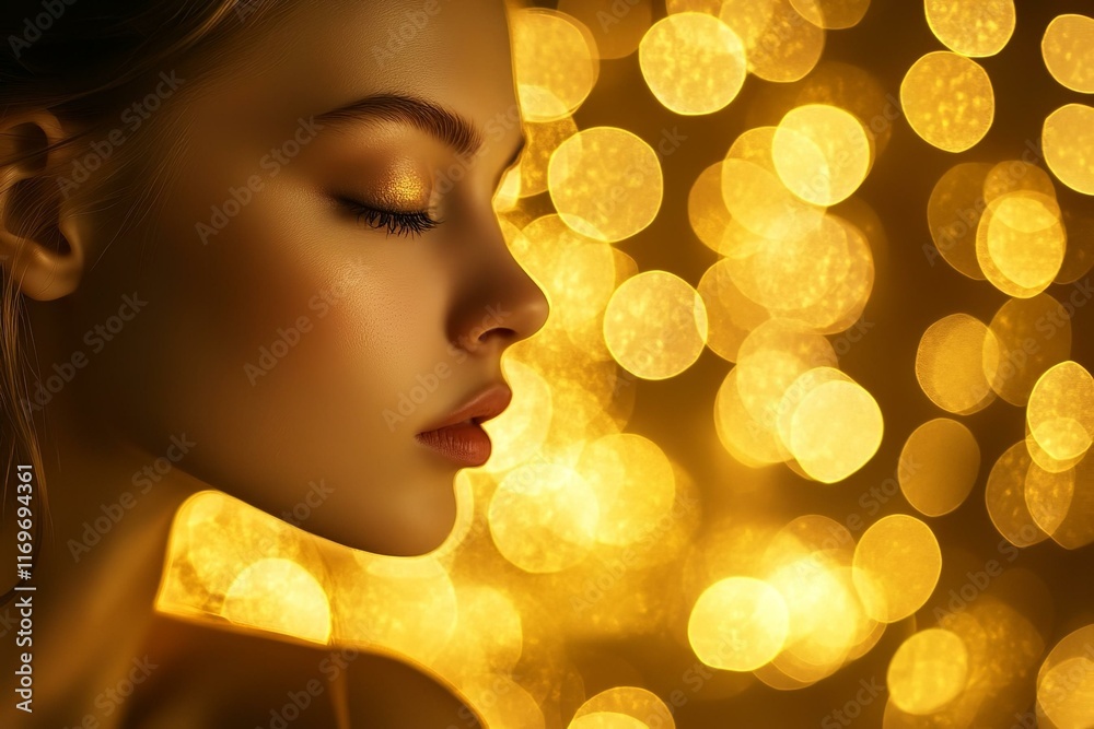 Fototapeta premium Fashion Beauty Girl Isolated on golden bokeh lights Background