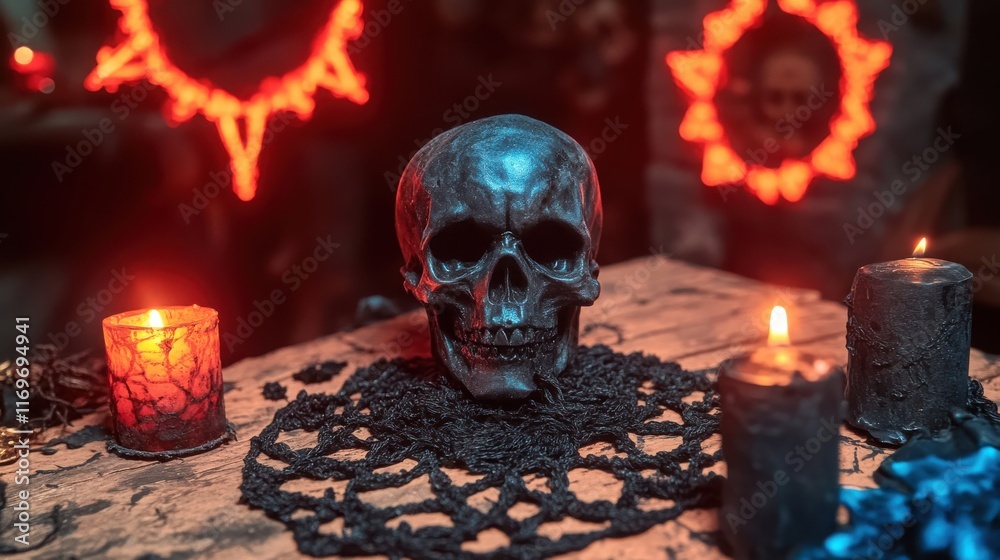 Skull and candles burning on altar for satanic rituals Skull and candles burning on altar for satanic rituals