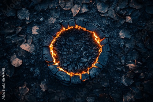 A mystical ash circle with smoldering embers on an obsidian background emits an otherworldly glow, infused with arcane symbolism and primal energy