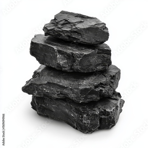 A collection of rugged, unrefined black coal rocks gathered closely together, with a plain white backdrop to highlight their texture, perfect for themes related to industry and energy