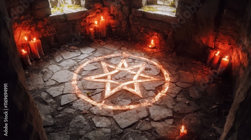 Glowing heptagram and candles illuminating a dark ritual chamber photo