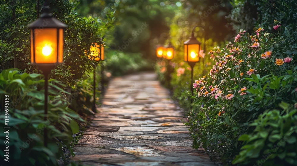 Fototapeta premium Serene Garden Pathway with Lanterns and Colorful Flowers at Dusk