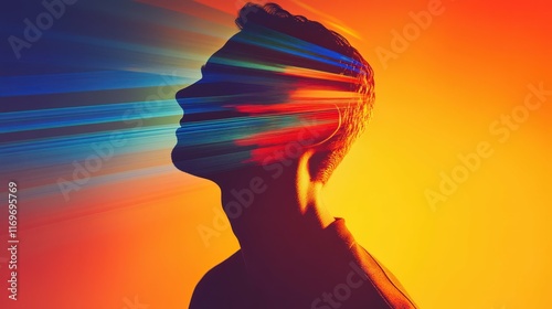 Stylish double exposure effect with a man's portrait and colorful gradient lines, futuristic modern design, sharp minimalistic presentation,