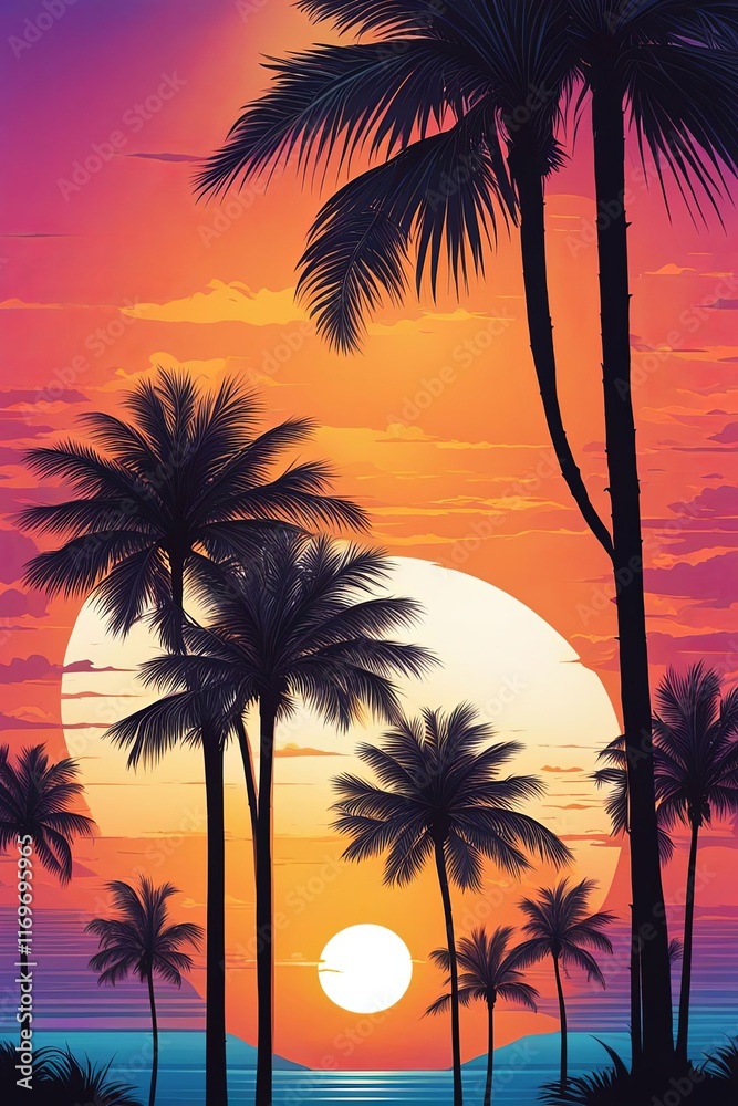 Obraz premium Dramatic sunset colors over tropical landscape, palm trees framing picturesque view, serene waters reflecting beauty of nature, perfect for promoting adventure and exploration visuals.