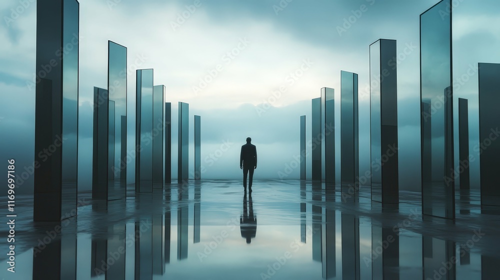 Lonely figure surrounded by endless mirrors reflecting infinitely, symbolizing fear of self or introspection Lonely figure surrounded by endless mirrors reflecting infinitely, symbolizing fear of self or introspection