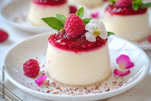 Rose Infused Panna Cotta Topped with Edible Flower Petals and Raspberry Sauce