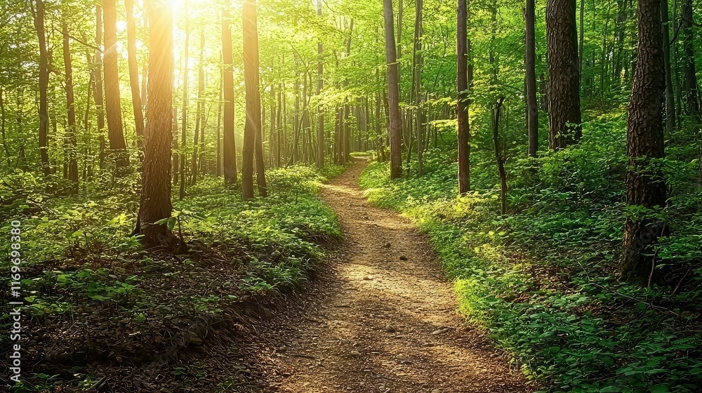 Obraz premium Serene Pathway Through Lush Green Forest at Sunrise