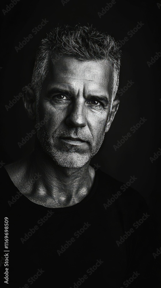Strict portrait of a man in black and white tones, strong shadows and contrast, studio lighting Strict portrait of a man in black and white tones, strong shadows and contrast, studio lighting