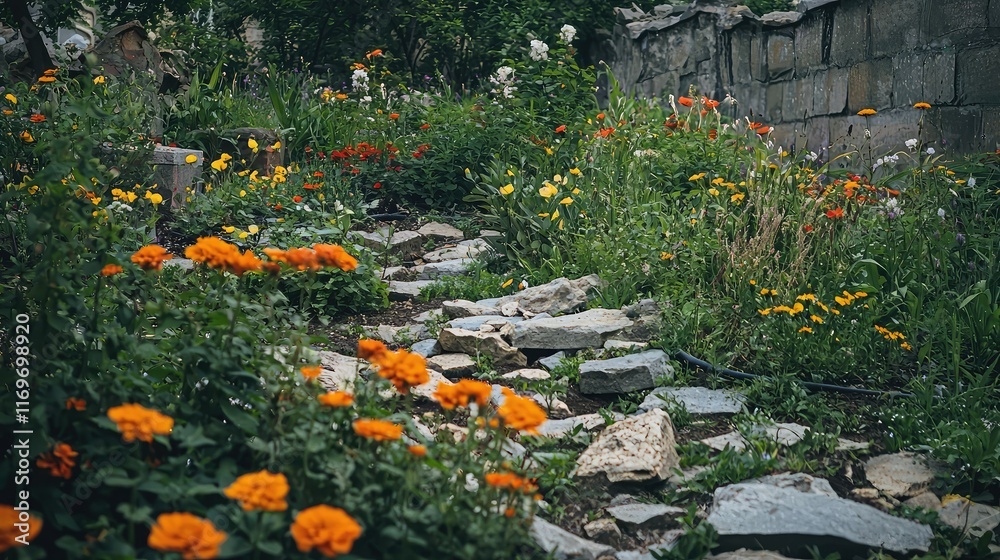 Obraz premium Vibrant Pathway Through Colorful Flowers and Stones in Garden